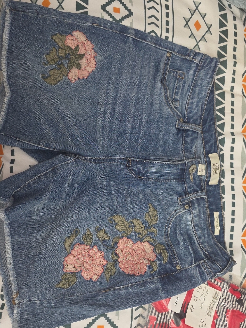 Vintage America Blue Denim Bestie Shorts with Pink Floral Embroidery